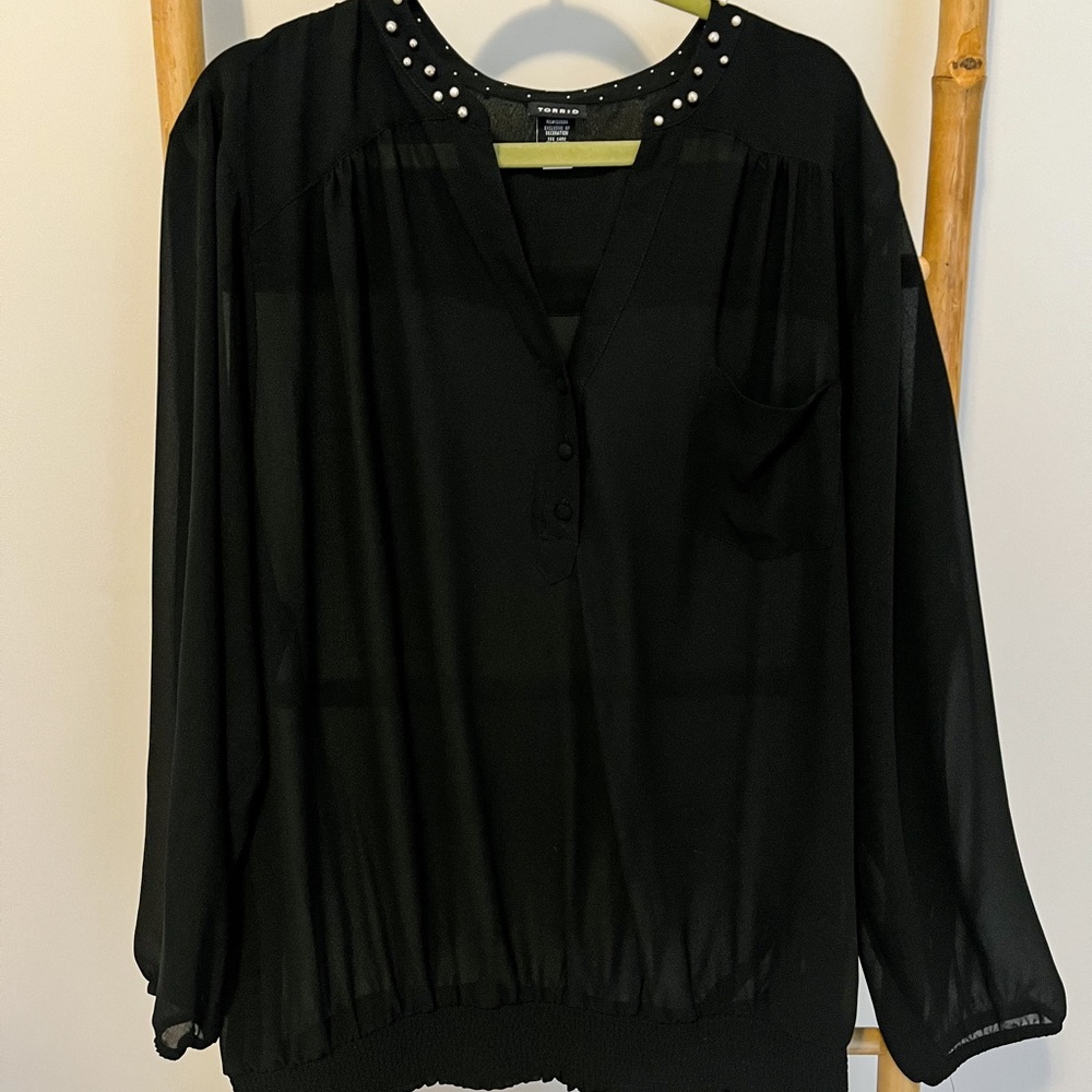 Torrid Black Sheer SIlver Beaded Collar Top 4X